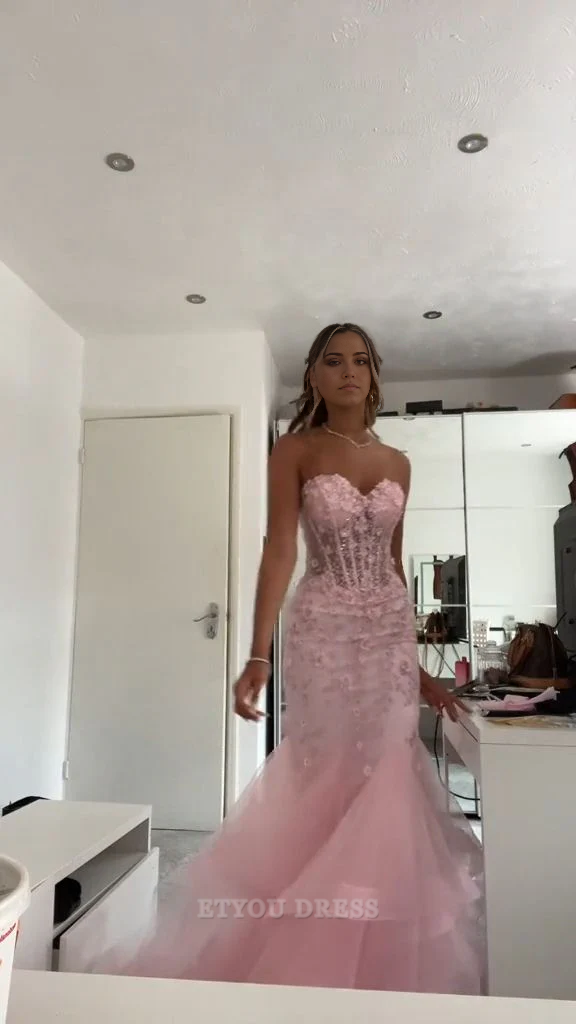 Mermaid Sweetheart Sleeveless Tulle Pink Long formal dresses Bridesmaid Dresses evening gown Prom Dress